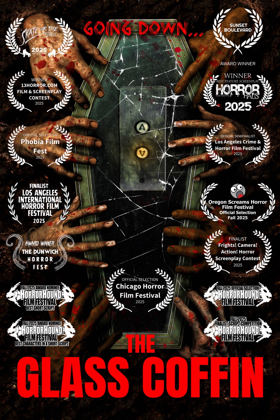 The Glass Coffin movie poster with festival laurels, Going Down...